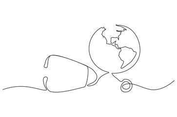 Continuous one line drawing of Earth with stethoscope. Single line drawing illustration of stethoscope attached to globe. World Health Day concept vector art. Doodle line illustration.