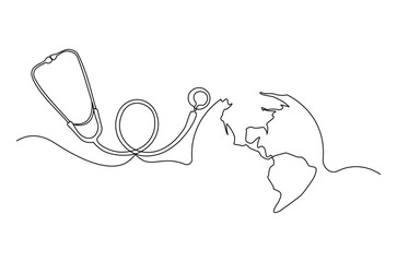 Continuous one line drawing of Earth with stethoscope. Single line drawing illustration of stethoscope attached to globe. World Health Day concept vector art. Doodle line illustration.