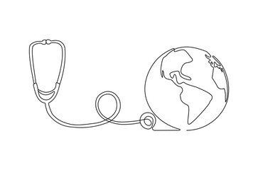 Continuous one line drawing of Earth with stethoscope. Single line drawing illustration of stethoscope attached to globe. World Health Day concept vector art. Doodle line illustration.