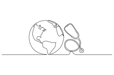 Continuous one line drawing of Earth with stethoscope. Single line drawing illustration of stethoscope attached to globe. World Health Day concept vector art. Doodle line illustration.