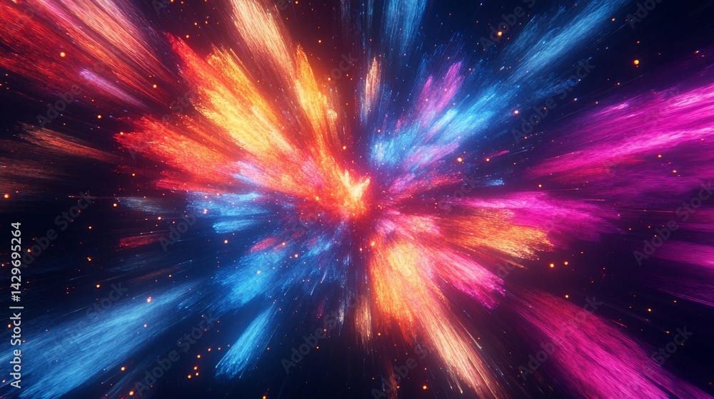 Poster cosmic burst: a vibrant explosion of light and color in abstract space