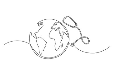 Continuous one line drawing of Earth with stethoscope. Single line drawing illustration of stethoscope attached to globe. World Health Day concept vector art. Doodle line illustration.