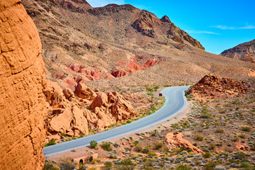 Desert Road Through Redstone Dune Landscape Aerial