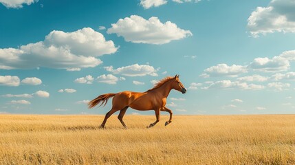 Majestic brown horse galloping freely across golden grassland under a serene sky