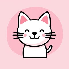 Fototapeta premium Minimalist cartoon illustration of a smiling white cat with pink eyes and whiskers on a pink circular background
