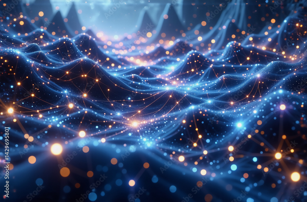 Poster abstract digital landscape with glowing blue lines and orange dots creating a network. undulating su
