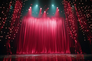 Red stage curtain, spotlights