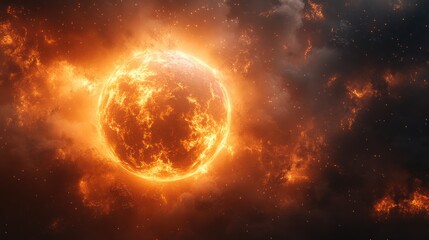 Obraz premium Inferno celestial body amid a swirling cosmic landscape, a blazing starscape