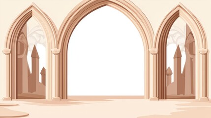 Arched cathedral frames, vintage religious style, white background, flat design illustration