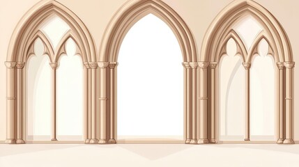 Fototapeta premium Arched cathedral frames, vintage religious style, white background, flat design illustration