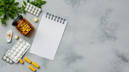 Clinical flat lay of PTSD treatment tools notes, pills, grounding cards