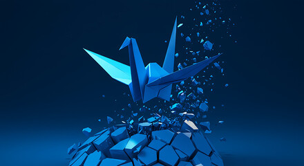 Business Success Inspiration and motivation concept as a birth or rebirth with a blue paper origami bird emerging as a symbol of creativity and metamorphosis and an icon of change and transformation.