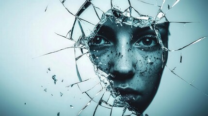 Conceptual visual of shattered mirror reflecting person s face, PTSD metaphor