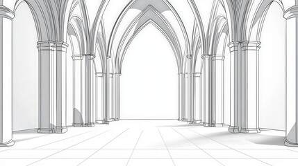 Crossinspired gothic cathedral forms, outlined tracery, white background, flat design illustration