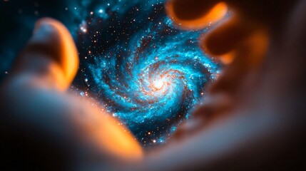 A vast cosmic nebula swirling with vibrant purples and blues, countless stars twinkling in the background, interstellar dust clouds creating depth and texture