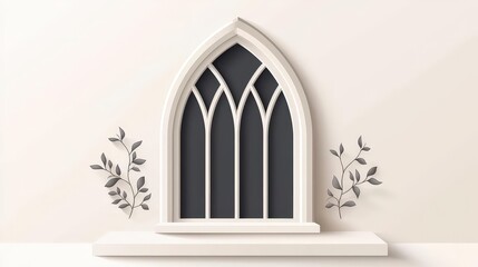 Detailed cathedral arc window forms, sacred decorations, white background, flat design illustration