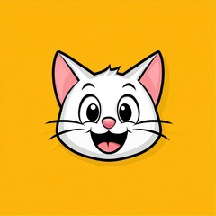 Cartoon illustration of a smiling white cat with black outlines and pink ears on a bright yellow background