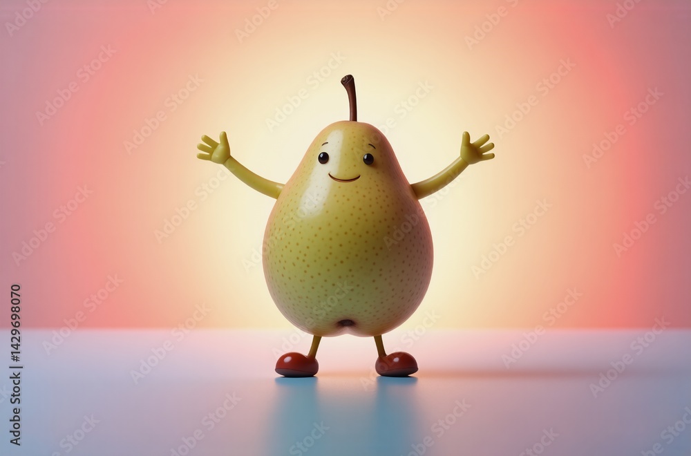 Leinwandbilder a cheerful, cartoon pear with tiny arms and legs stands against a soft, peach-colored backdrop. its 