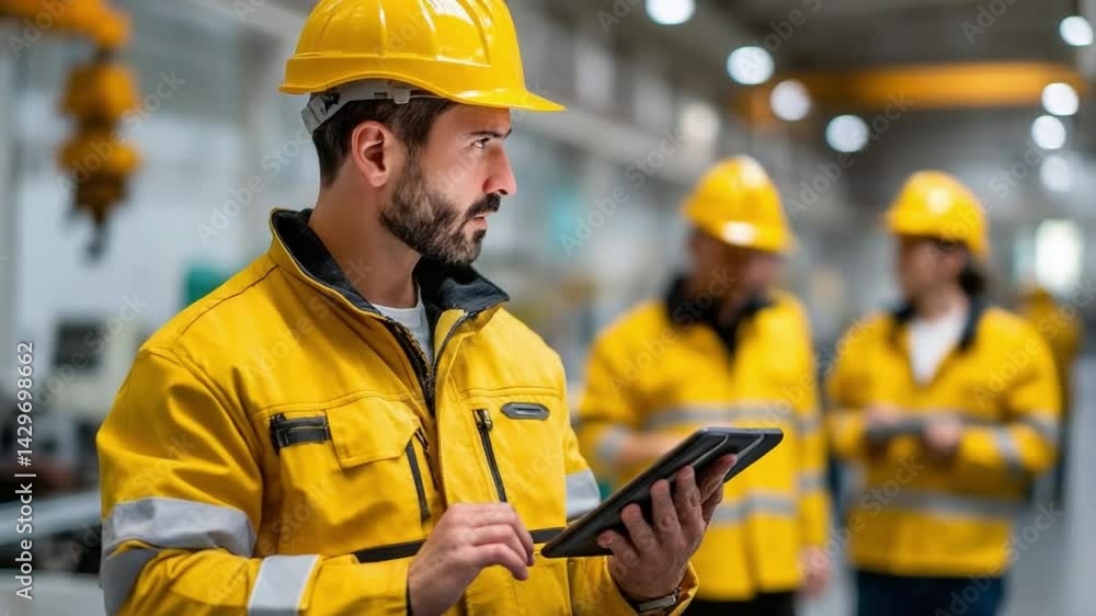 Poster factory worker using tablet: a focused factory worker in a yellow safety jacket and hardhat uses a t