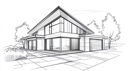 Architectural Drawing Modern home exterior rendering with trees in the background