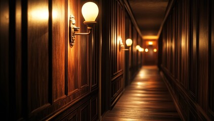 Dark, antique hallway with warm light.  Wooden paneling and sconces illuminate the long corridor