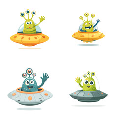 Cute cartoon aliens with multiple eyes piloting colorful UFO spaceships. Fun sci-fi character set perfect for kids’ designs, space-themed games, and playful illustrations.

