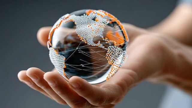 Global Connection in Hand: A hand gently cradles a crystal globe, symbolizing global interconnectedness and the delicate balance of our planet.