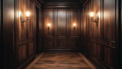 Elegant, dark wooden hallway with classic wall panels and sconces