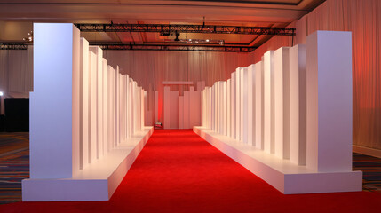 Exhibition entrance with red carpet and fabric dividers