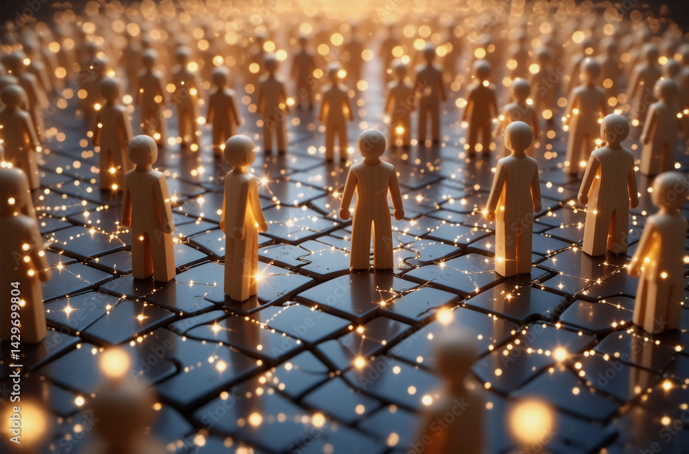 Aufkleber a vast crowd of glowing figures stands on a cobblestone path, illuminated by sparkling lights. the s