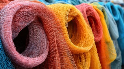 A vibrant display of colorful fishing nets hanging to dry in a harbor