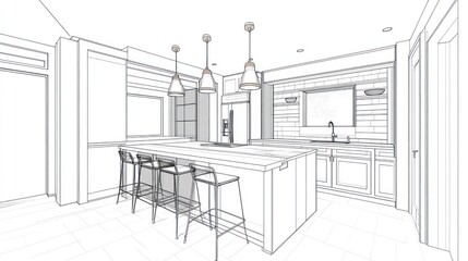 Detailed kitchen blueprint of a modern farmhouse design.