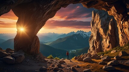 Adventurous Man Hiker standing in a cave with rocky mountains in background 