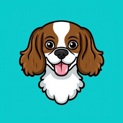 Cartoon illustration of a cheerful dog with brown and white fur and black eyes