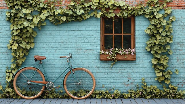 A vintage bicycle leans against a brick wall covered in climbing ivy