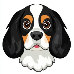 Cartoon illustration of a tricolor dog with black, white, and tan fur
