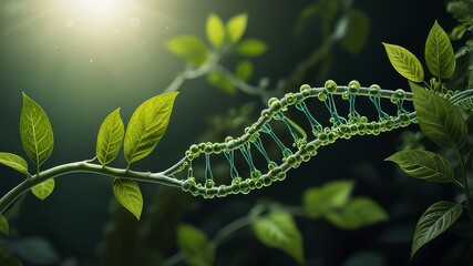 concept of green biotechnology or synthetic biology, graphic of plant with DNA