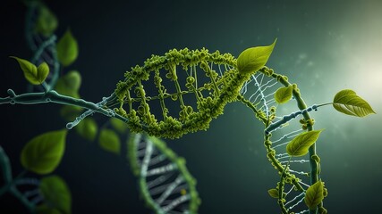 concept of green biotechnology or synthetic biology, graphic of plant with DNA