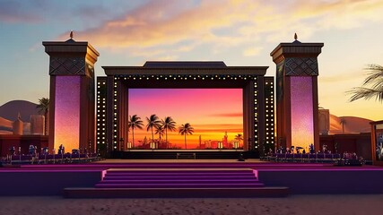 Vibrant sunset stage setup on a beach with palm trees and an audience ready for an event