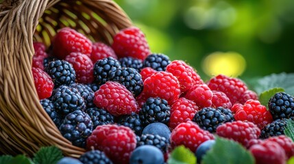 A wicker basket overflowing with fresh raspberries, blackberries and blueberries
