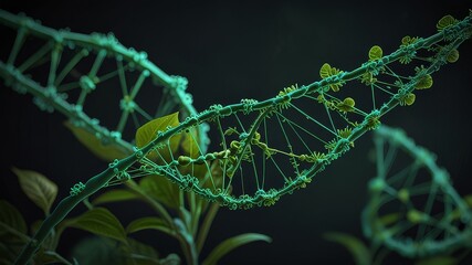 concept of green biotechnology or synthetic biology, graphic of plant with DNA