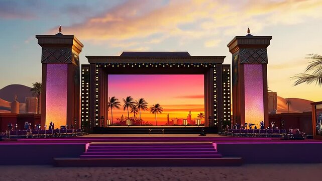 Vibrant sunset stage setup on a beach with palm trees and an audience ready for an event