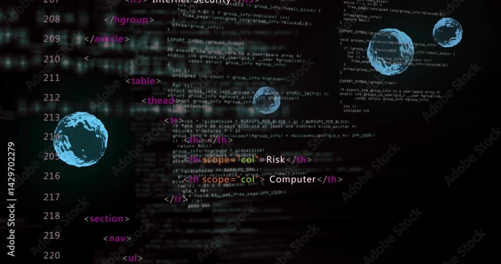 Poster layered html tags, c code snippets being visualized in dark workspace, with floating blue spheres