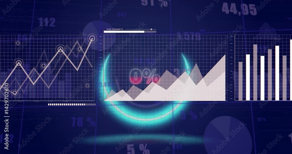 Poster digital dashboard interface displaying grid, area and bar charts in dark blue theme