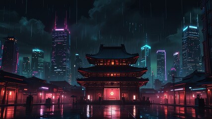  Cyberpunk temple, japanese abstract illustration, futuristic city, dystoptic artwork at night, 4k wallpaper. Rain moody empty future
