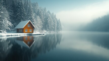 Fototapeta premium Snowy cabin reflected in tranquil winter lake