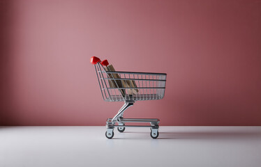 A miniature shopping cart with red handles sits on a white floor against a muted pink wall, containing several small, light brown packages.  It suggests online shopping or small purchases.