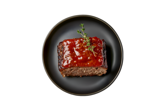Delicious Meatloaf Slice on Dark Plate Red Glaze Herb Garnish