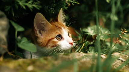 Curious ginger kitten peeking from beneath lush greenery.