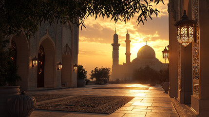 Serene mosque courtyard during sunset, emphasizing its architectural beauty illuminated by decorative lanterns with a tranquil atmosphere, casting a beautiful glow highlighting.